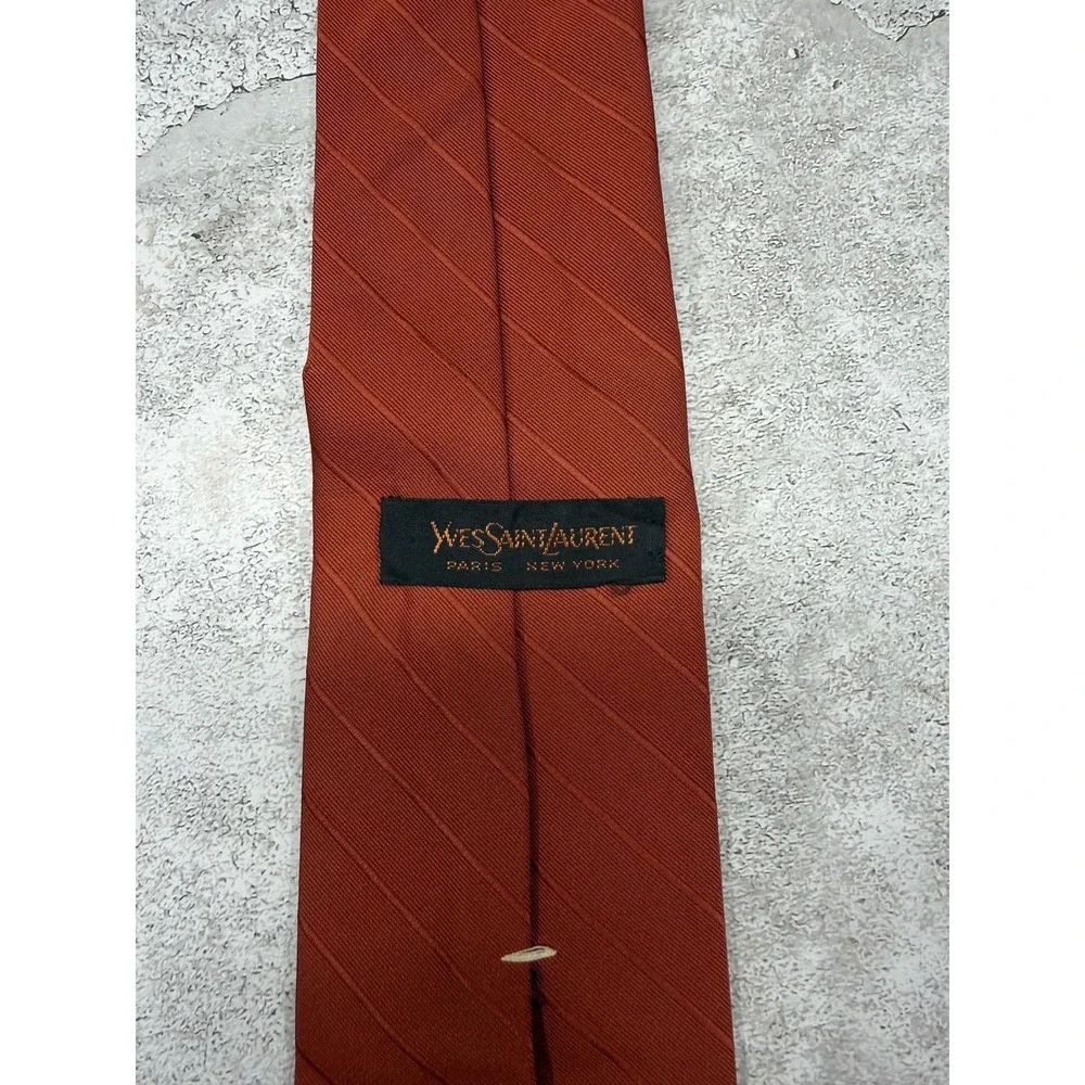 Yves Saint Laurent Tie Mens Orange 100% Silk Striped‎ Embroidered Logo One Size